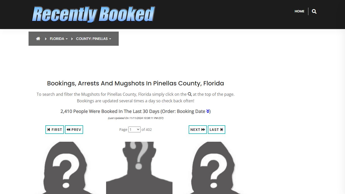 Bookings, Arrests and Mugshots in Pinellas County, Florida